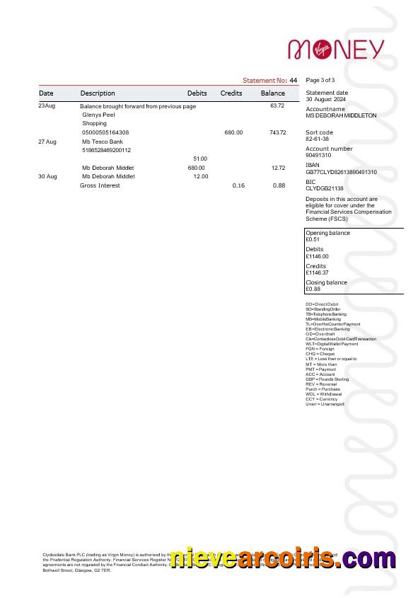 United Kingdom Virgin Money statement, 3 pages 2